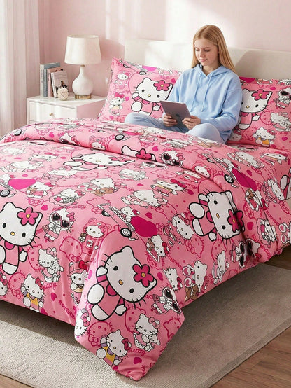 Sanrio 3-Piece Duvet Cover Set Bedding Hello Kitty (1 Duvet Cover + 2 Pillowcases, No Fill) Bed Sheet Set Cute Cartoon Full Size Soft Comfortable Suitable For Dorm Students, Home Bedroom Bedding, Gues