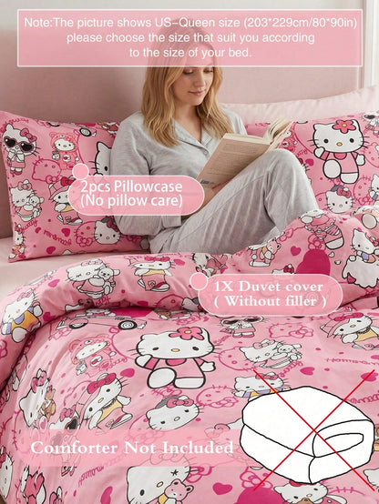 Sanrio 3-Piece Duvet Cover Set Bedding Hello Kitty (1 Duvet Cover + 2 Pillowcases, No Fill) Bed Sheet Set Cute Cartoon Full Size Soft Comfortable Suitable For Dorm Students, Home Bedroom Bedding, Gues