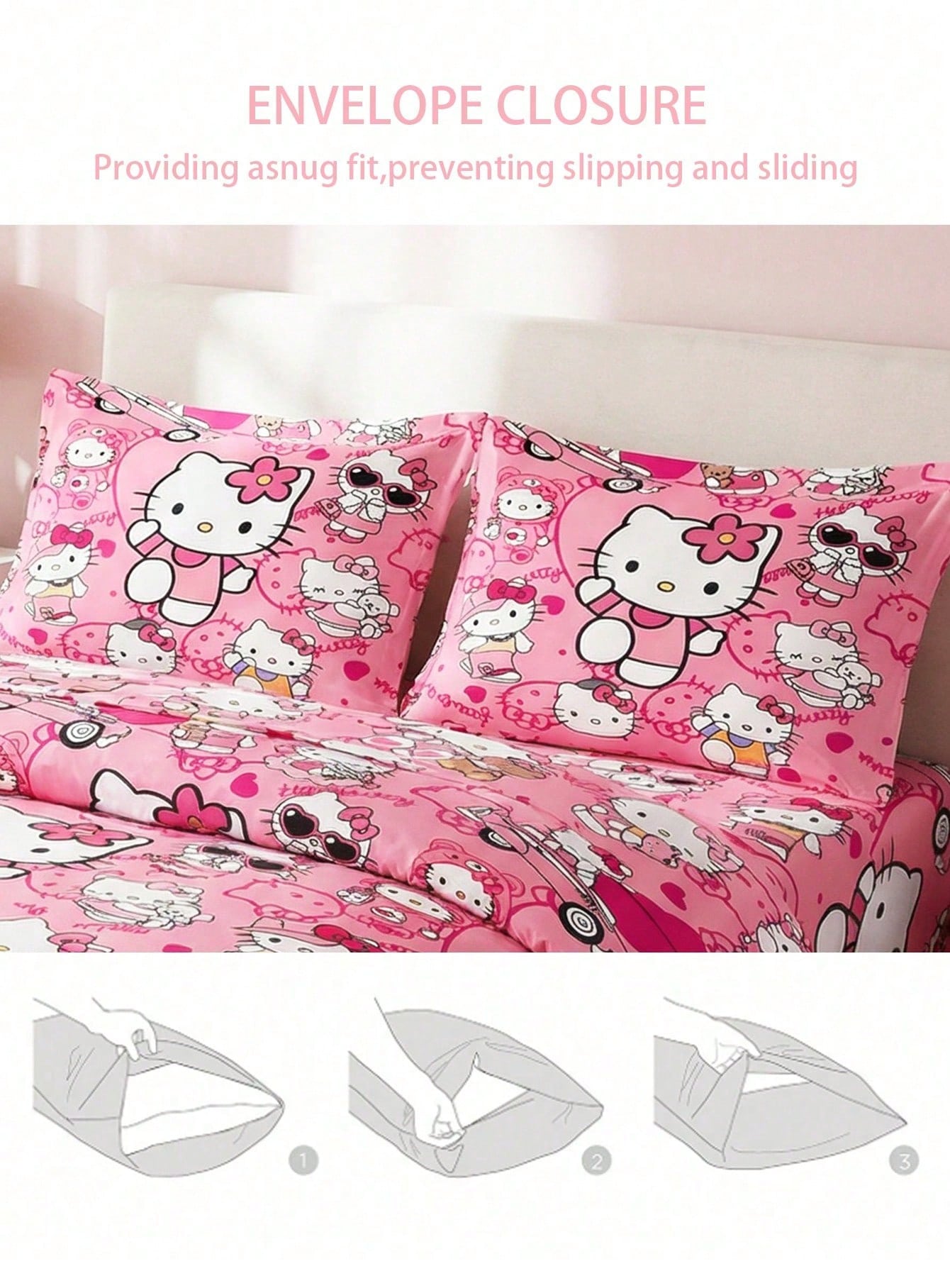 Sanrio 3-Piece Duvet Cover Set Bedding Hello Kitty (1 Duvet Cover + 2 Pillowcases, No Fill) Bed Sheet Set Cute Cartoon Full Size Soft Comfortable Suitable For Dorm Students, Home Bedroom Bedding, Gues