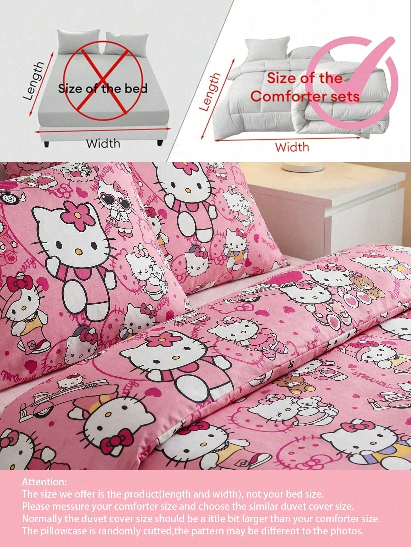 Sanrio 3-Piece Duvet Cover Set Bedding Hello Kitty (1 Duvet Cover + 2 Pillowcases, No Fill) Bed Sheet Set Cute Cartoon Full Size Soft Comfortable Suitable For Dorm Students, Home Bedroom Bedding, Gues
