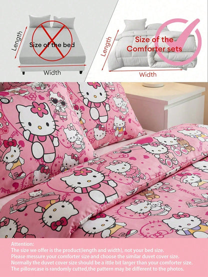 Sanrio 3-Piece Duvet Cover Set Bedding Hello Kitty (1 Duvet Cover + 2 Pillowcases, No Fill) Bed Sheet Set Cute Cartoon Full Size Soft Comfortable Suitable For Dorm Students, Home Bedroom Bedding, Gues