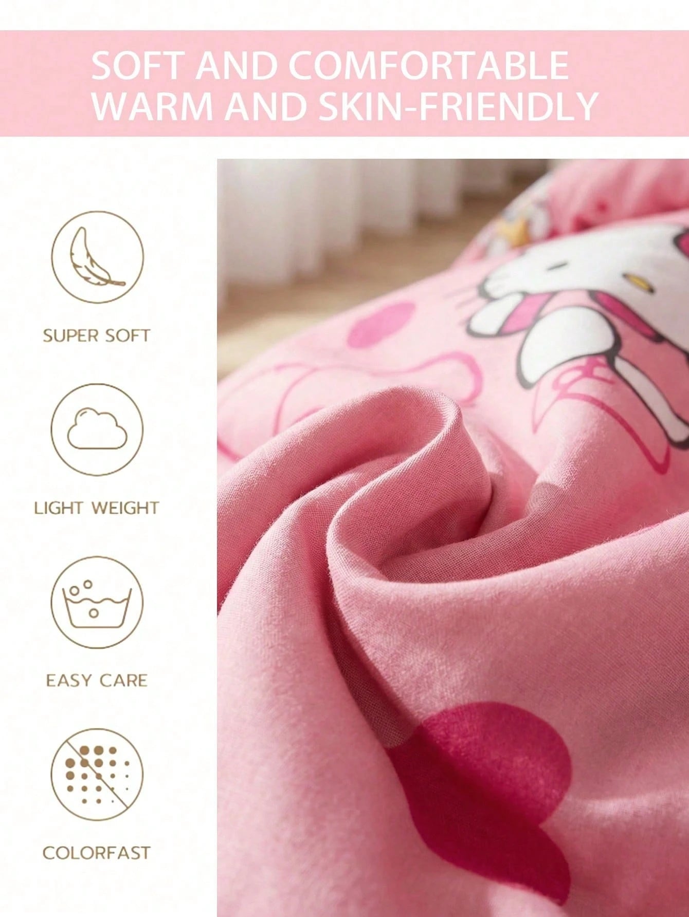Sanrio 3-Piece Duvet Cover Set Bedding Hello Kitty (1 Duvet Cover + 2 Pillowcases, No Fill) Bed Sheet Set Cute Cartoon Full Size Soft Comfortable Suitable For Dorm Students, Home Bedroom Bedding, Gues