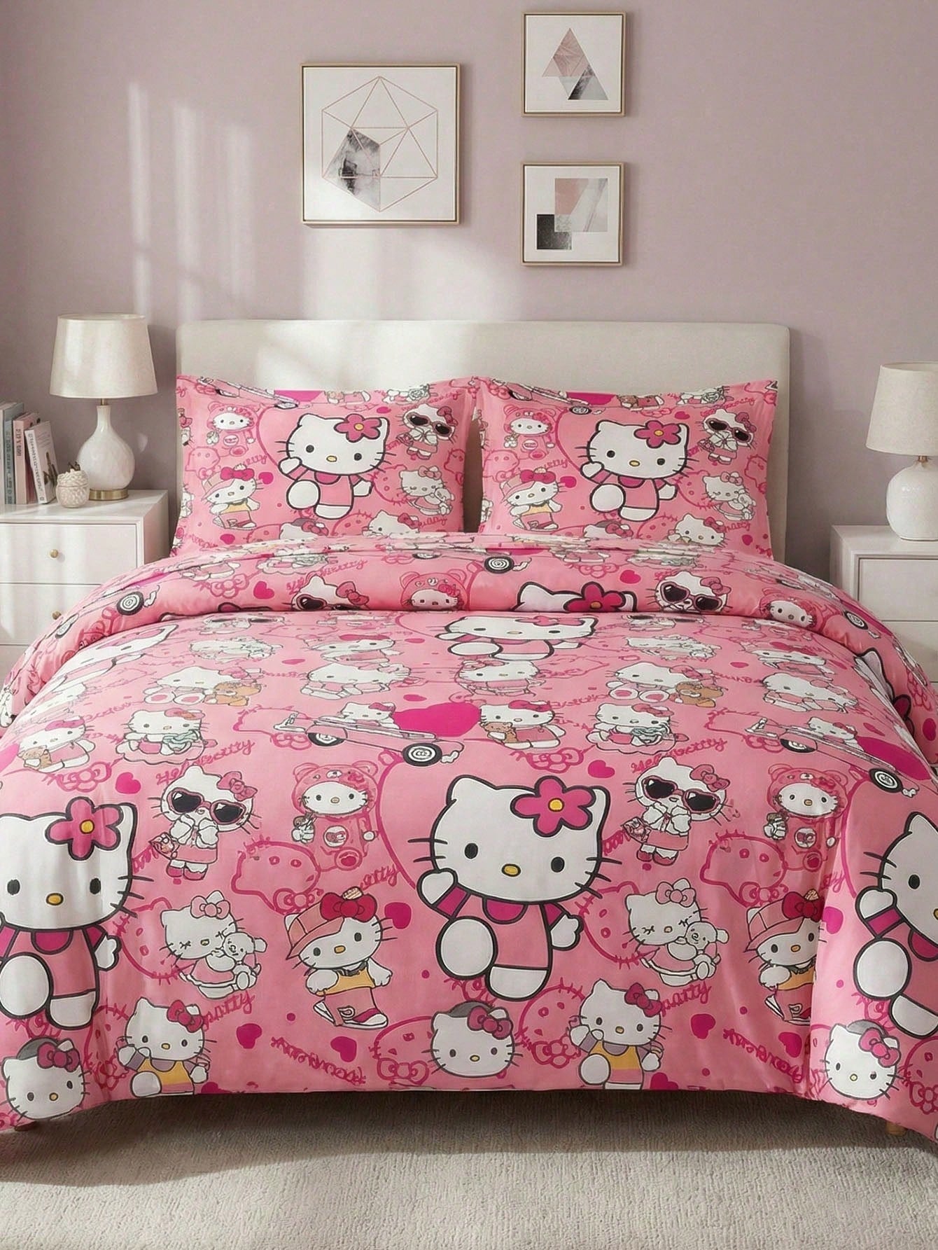 Sanrio 3-Piece Duvet Cover Set Bedding Hello Kitty (1 Duvet Cover + 2 Pillowcases, No Fill) Bed Sheet Set Cute Cartoon Full Size Soft Comfortable Suitable For Dorm Students, Home Bedroom Bedding, Gues