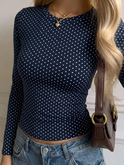 SCARLUX Autumn Y2K Deep Blue Polka Dot Crew Neck Short Long Sleeve T-Shirt, Slim Fit Casual Top, Suitable For Back To School Season
