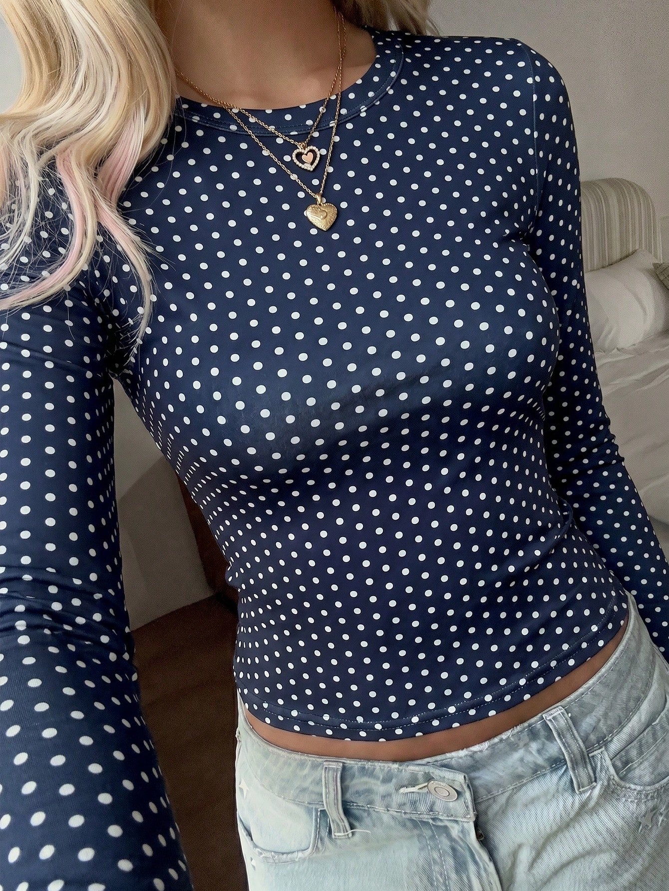 SCARLUX Autumn Y2K Deep Blue Polka Dot Crew Neck Short Long Sleeve T-Shirt, Slim Fit Casual Top, Suitable For Back To School Season