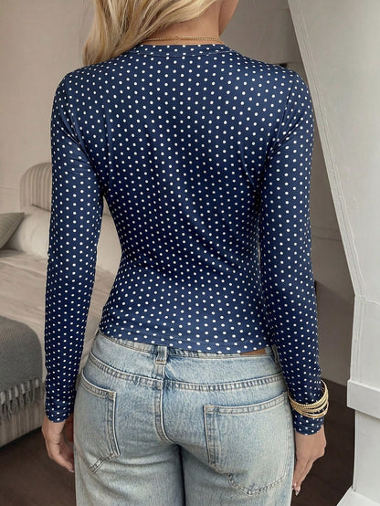 SCARLUX Autumn Y2K Deep Blue Polka Dot Crew Neck Short Long Sleeve T-Shirt, Slim Fit Casual Top, Suitable For Back To School Season