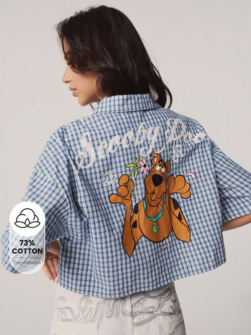SCOOBY-DOO X Women's Casual Plaid & Cartoon Print Cropped Shirt, Summer