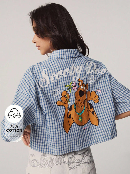 SCOOBY-DOO X Women's Casual Plaid & Cartoon Print Cropped Shirt, Summer