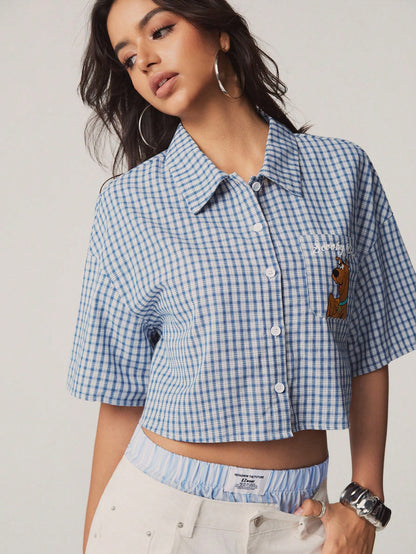 SCOOBY-DOO X Women's Casual Plaid & Cartoon Print Cropped Shirt, Summer