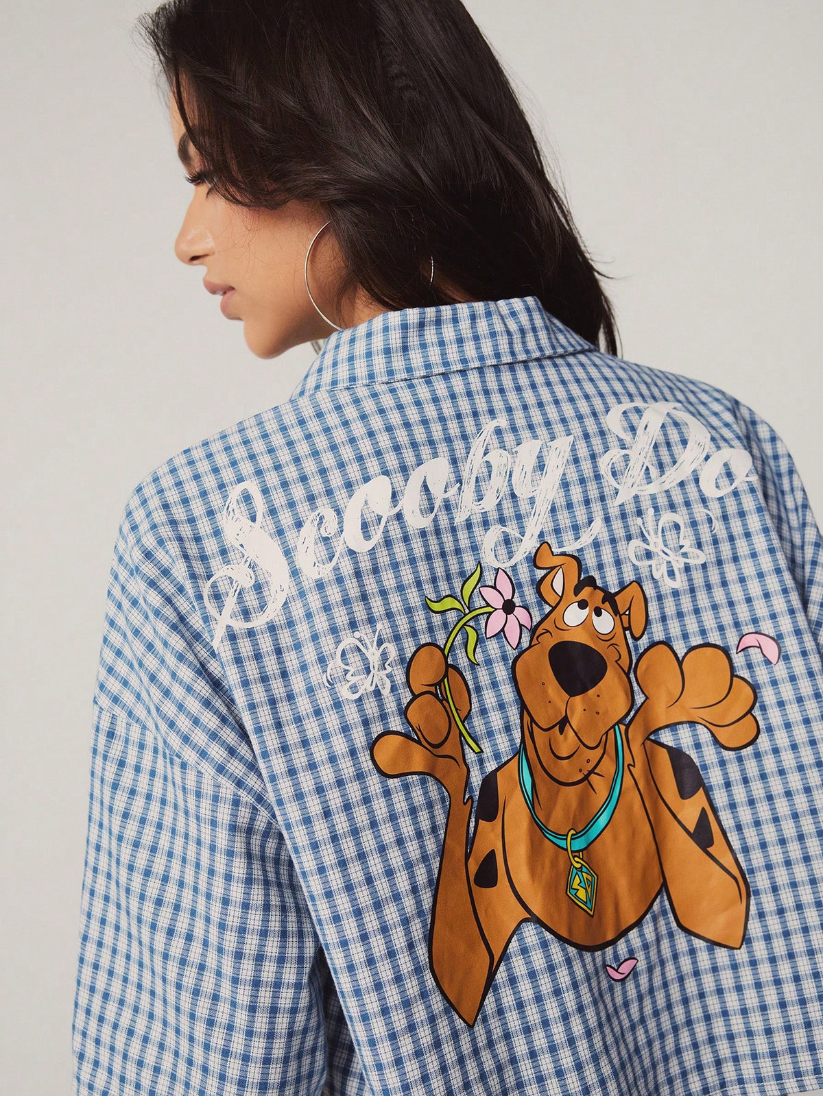 SCOOBY-DOO X Women's Casual Plaid & Cartoon Print Cropped Shirt, Summer