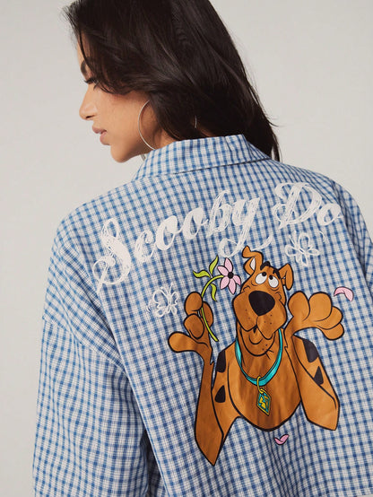 SCOOBY-DOO X Women's Casual Plaid & Cartoon Print Cropped Shirt, Summer