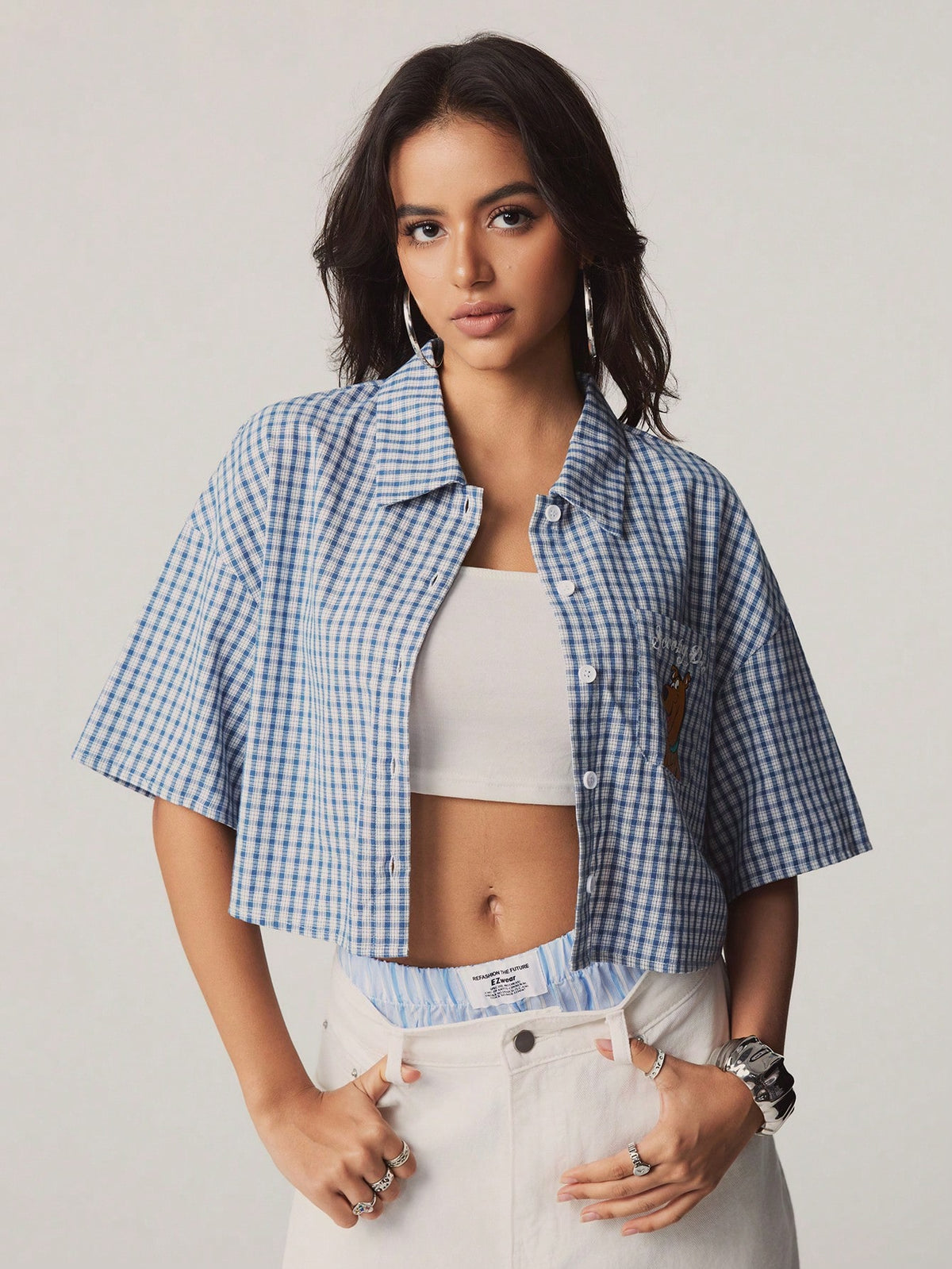 SCOOBY-DOO X Women's Casual Plaid & Cartoon Print Cropped Shirt, Summer