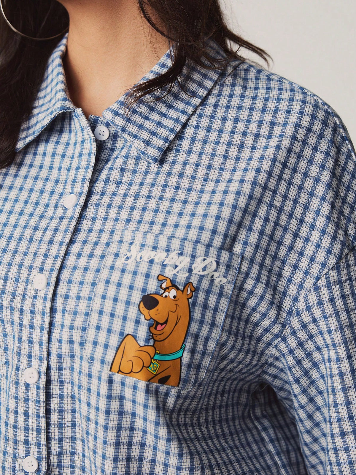 SCOOBY-DOO X Women's Casual Plaid & Cartoon Print Cropped Shirt, Summer