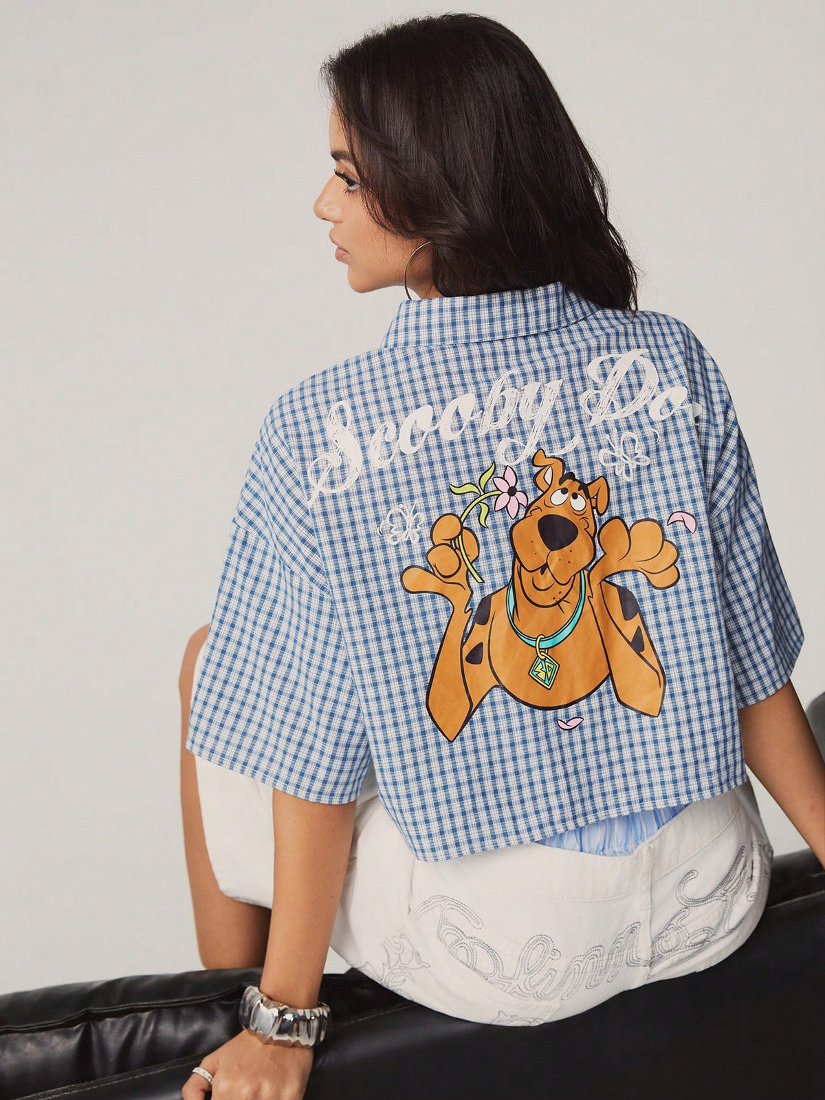SCOOBY-DOO X Women's Casual Plaid & Cartoon Print Cropped Shirt, Summer