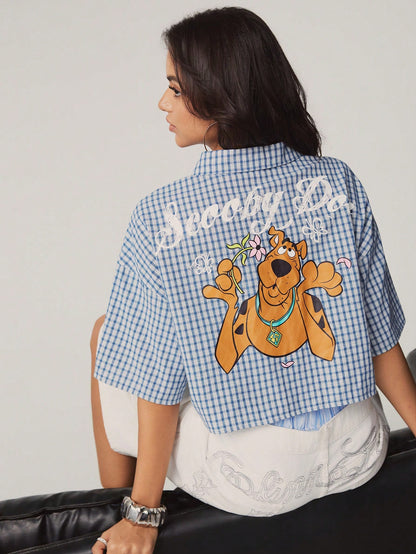 SCOOBY-DOO X Women's Casual Plaid & Cartoon Print Cropped Shirt, Summer