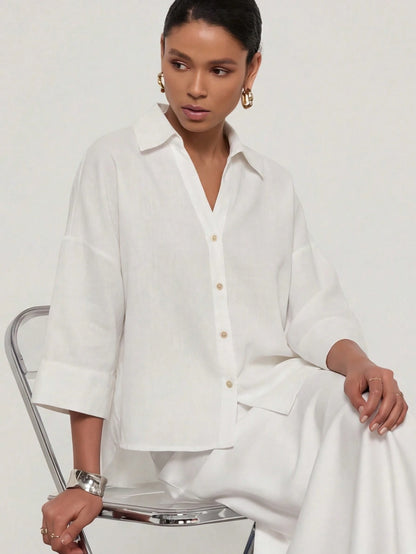 Se-Helo Simple And Casual Collared Shirt With Wide Sleeves For Women All Seasons White