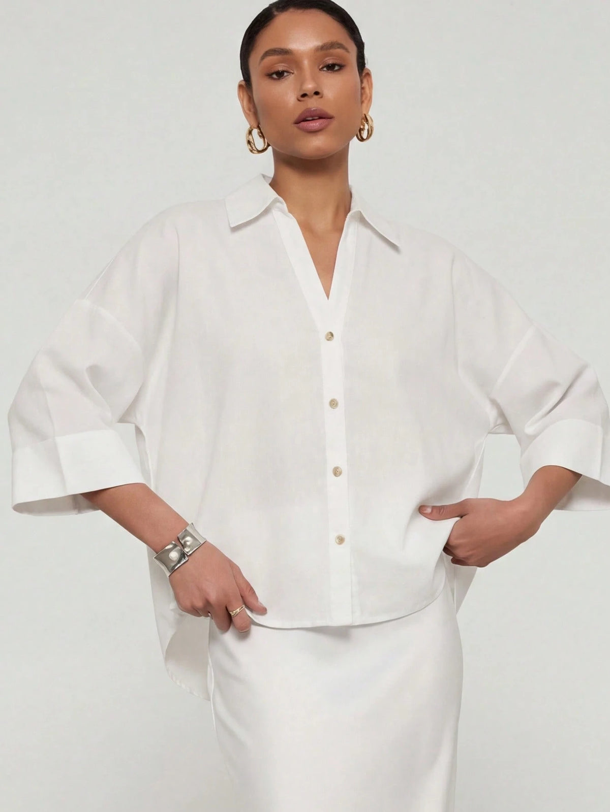 Se-Helo Simple And Casual Collared Shirt With Wide Sleeves For Women All Seasons White