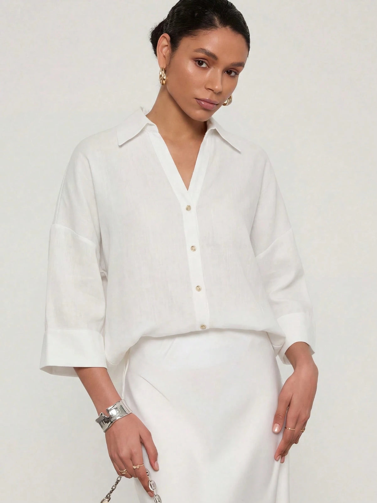 Se-Helo Simple And Casual Collared Shirt With Wide Sleeves For Women All Seasons White