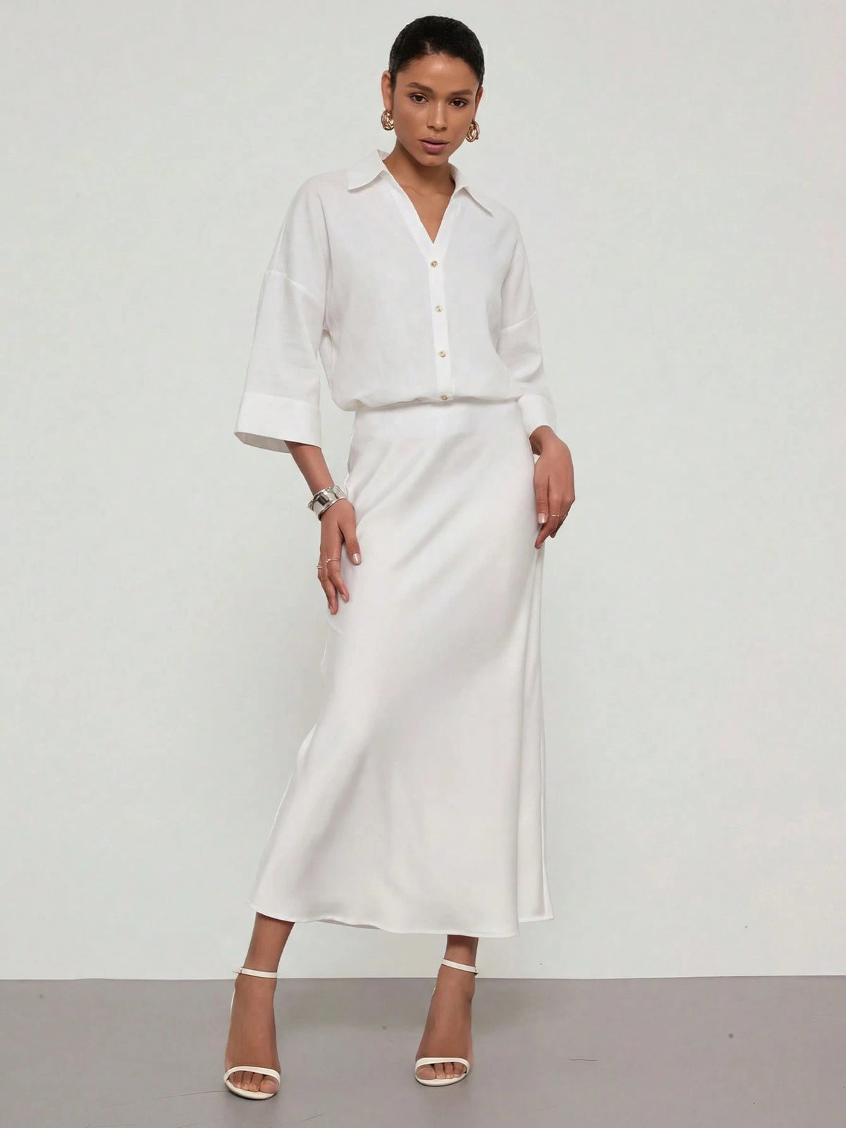 Se-Helo Simple And Casual Collared Shirt With Wide Sleeves For Women All Seasons White