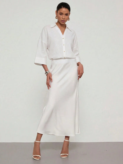 Se-Helo Simple And Casual Collared Shirt With Wide Sleeves For Women All Seasons White