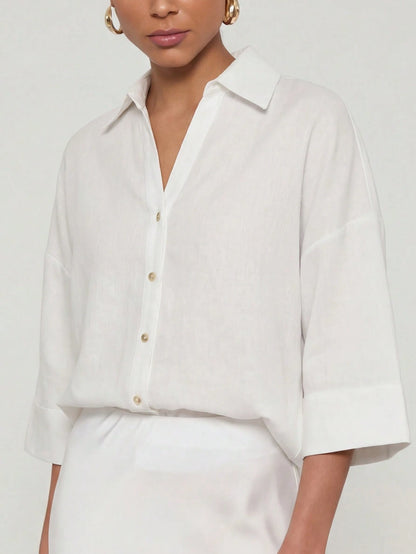 Se-Helo Simple And Casual Collared Shirt With Wide Sleeves For Women All Seasons White