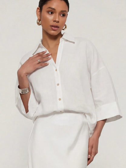 Se-Helo Simple And Casual Collared Shirt With Wide Sleeves For Women All Seasons White