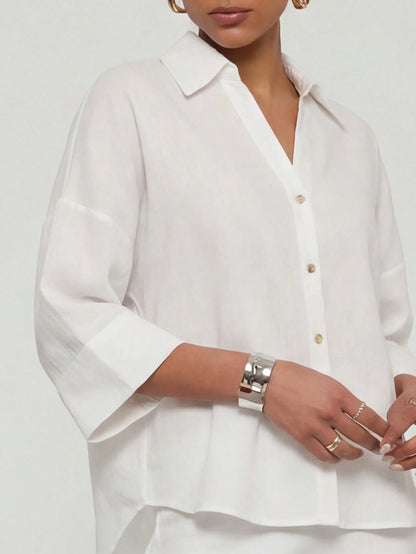 Se-Helo Simple And Casual Collared Shirt With Wide Sleeves For Women All Seasons White