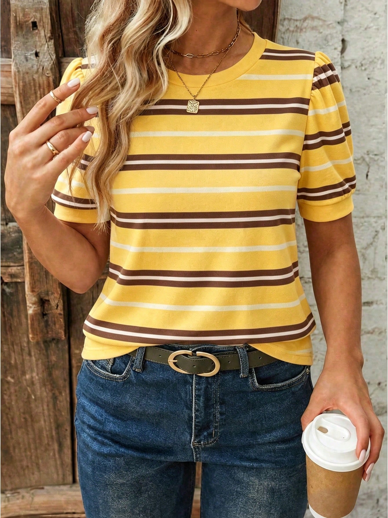 Selamara New Plus Size Women's Fashion Casual Versatile Striped Puff Sleeve Short Sleeve Round Neck T-Shirt