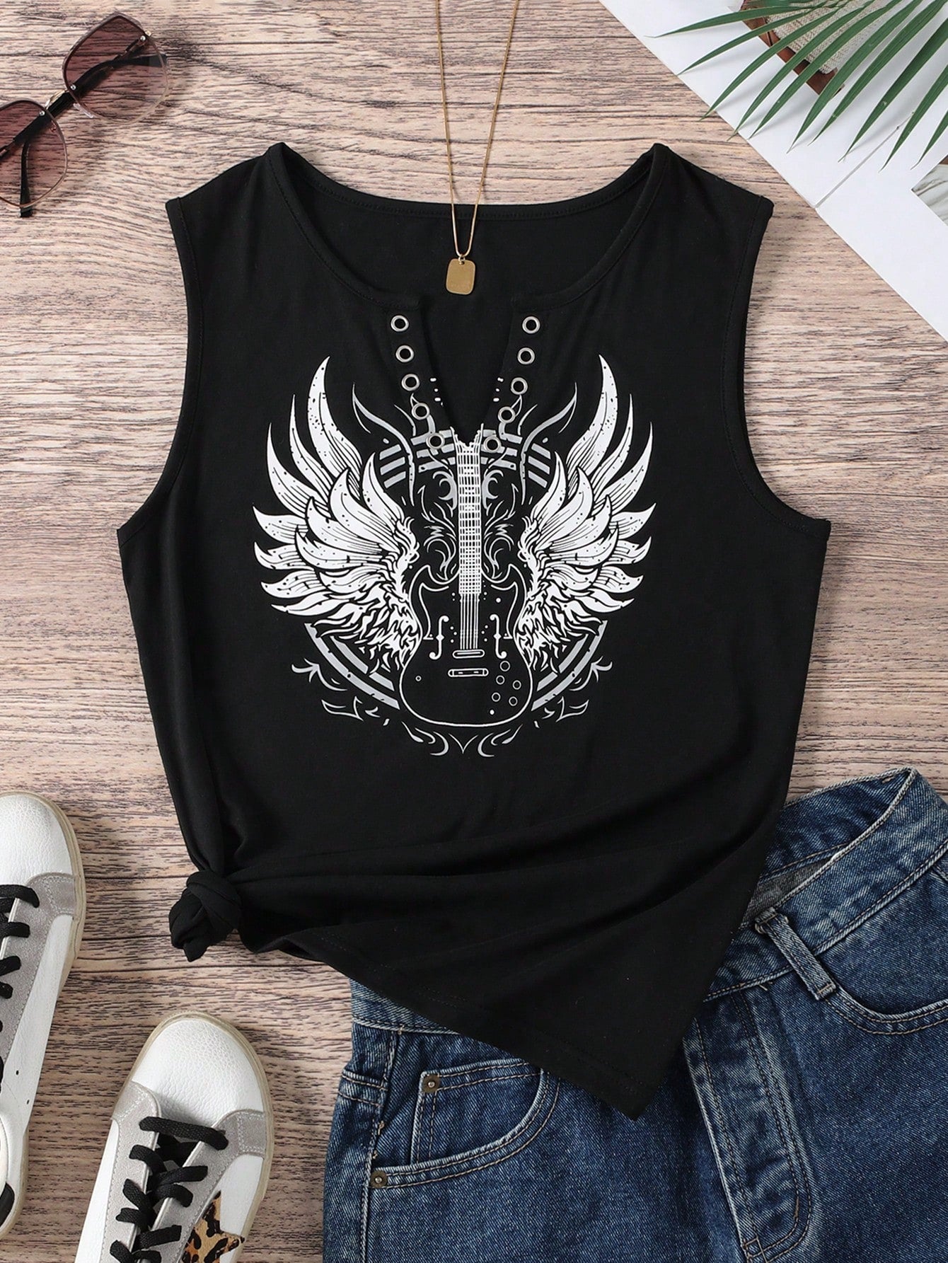 Selamara Women'S Sleeveless Tank Top For Summer With Angel Wings & Guitar Print Graphic Tees Women Tops