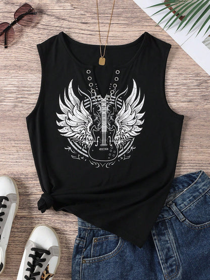 Selamara Women'S Sleeveless Tank Top For Summer With Angel Wings & Guitar Print Graphic Tees Women Tops