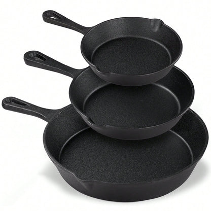 Senmeo Cast Iron Skillet 3-Piece Set- Heavy-Duty Professional Restaurant Chef Quality Pre-Seasoned Pan Cookware Set- 10", 8", 6" Pans- For Frying, Saute, Cooking, Pizza & More,Black