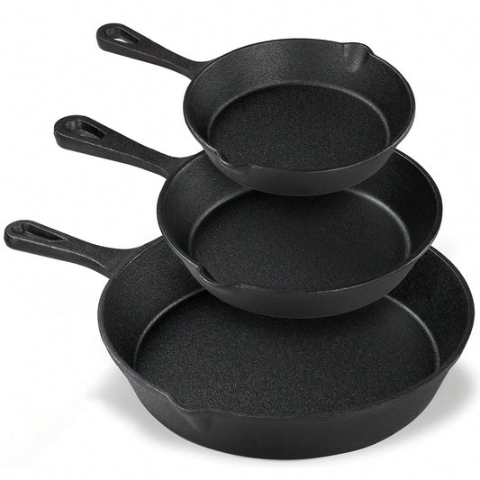 Senmeo Cast Iron Skillet 3-Piece Set- Heavy-Duty Professional Restaurant Chef Quality Pre-Seasoned Pan Cookware Set- 10", 8", 6" Pans- For Frying, Saute, Cooking, Pizza & More,Black