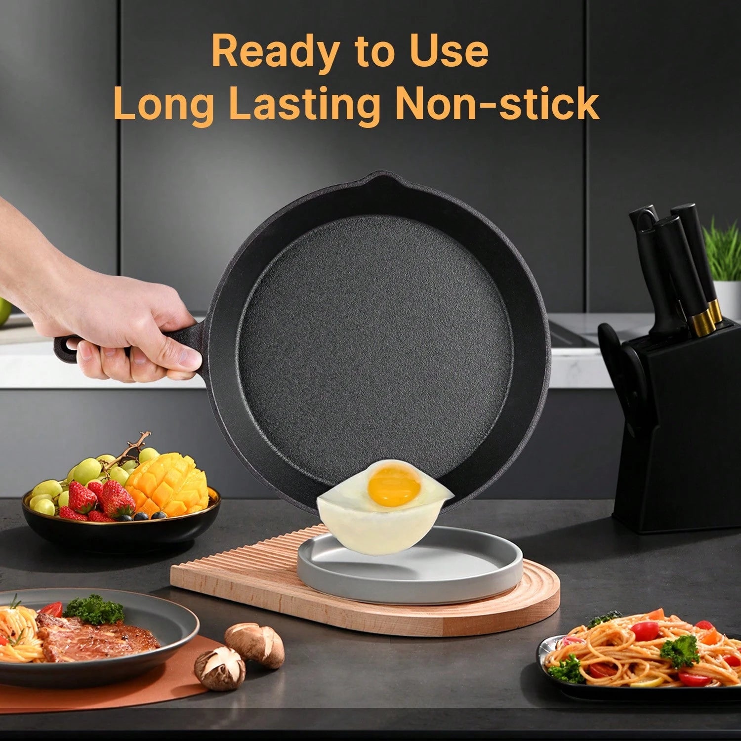 Senmeo Cast Iron Skillet 3-Piece Set- Heavy-Duty Professional Restaurant Chef Quality Pre-Seasoned Pan Cookware Set- 10", 8", 6" Pans- For Frying, Saute, Cooking, Pizza & More,Black