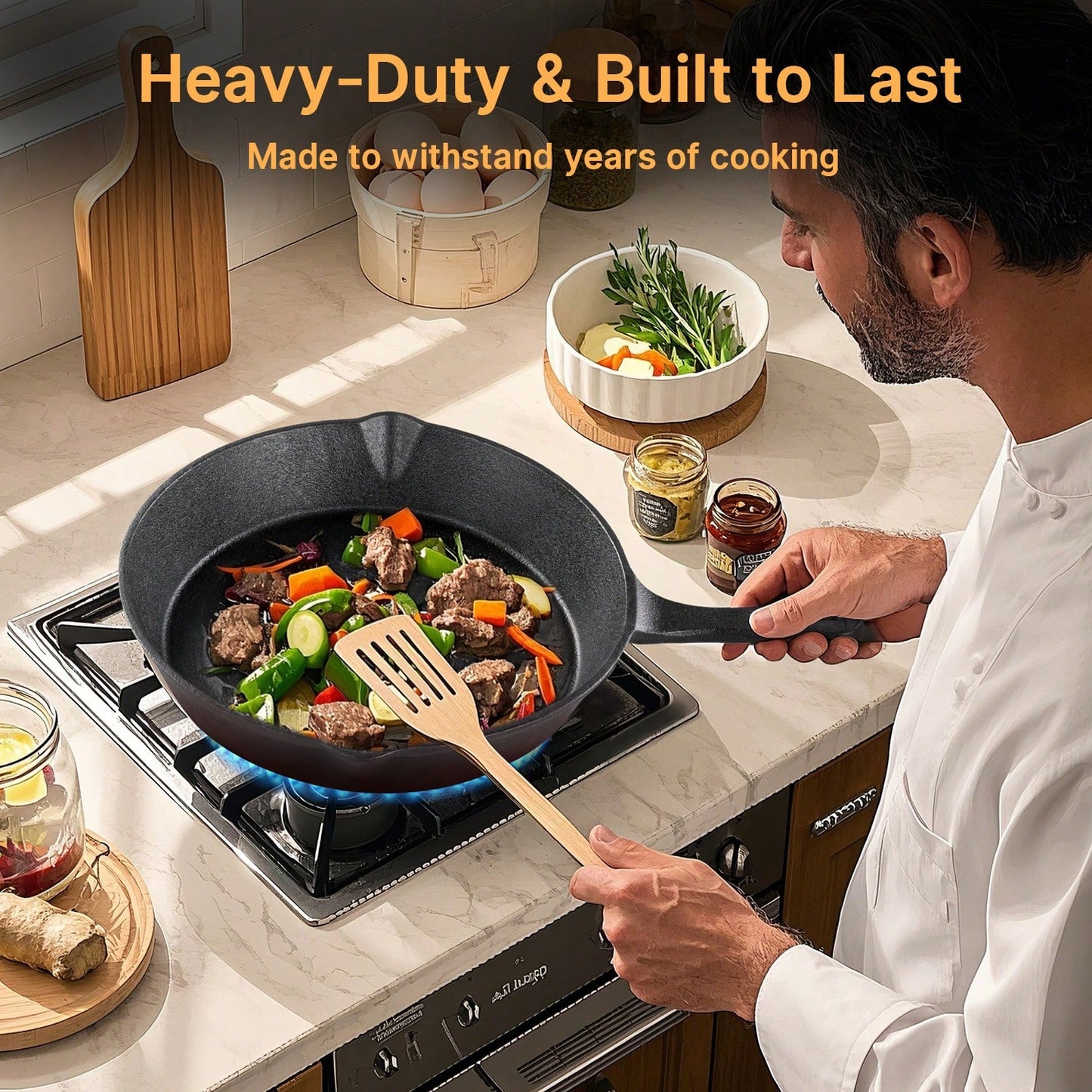 Senmeo Cast Iron Skillet 3-Piece Set- Heavy-Duty Professional Restaurant Chef Quality Pre-Seasoned Pan Cookware Set- 10", 8", 6" Pans- For Frying, Saute, Cooking, Pizza & More,Black