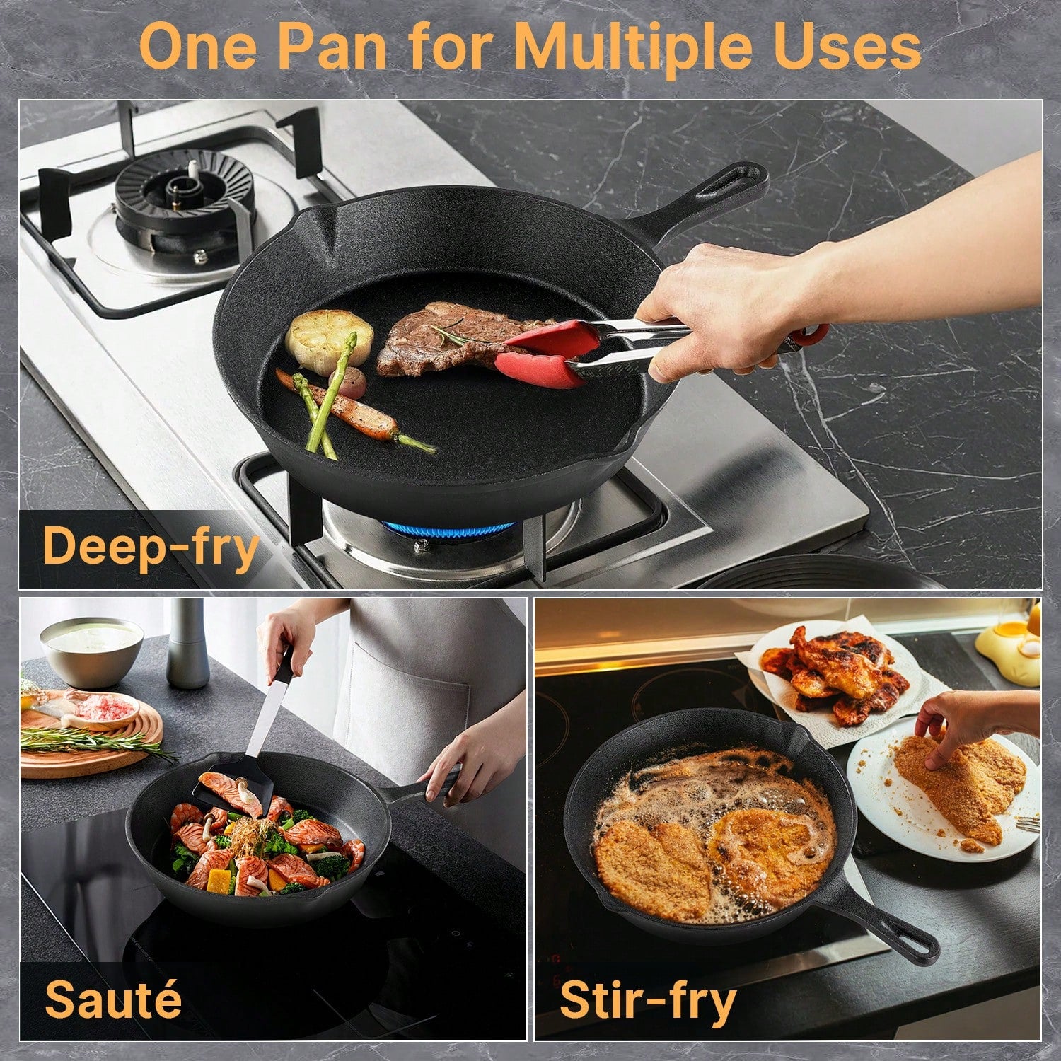 Senmeo Cast Iron Skillet 3-Piece Set- Heavy-Duty Professional Restaurant Chef Quality Pre-Seasoned Pan Cookware Set- 10", 8", 6" Pans- For Frying, Saute, Cooking, Pizza & More,Black