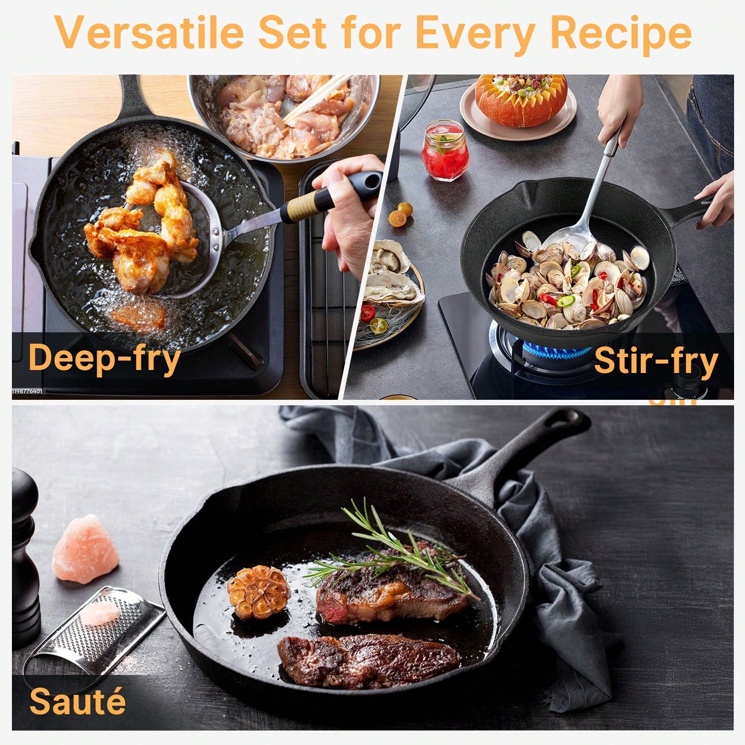 Senmeo Cast Iron Skillet 3-Piece Set- Heavy-Duty Professional Restaurant Chef Quality Pre-Seasoned Pan Cookware Set- 10", 8", 6" Pans- For Frying, Saute, Cooking, Pizza & More,Black