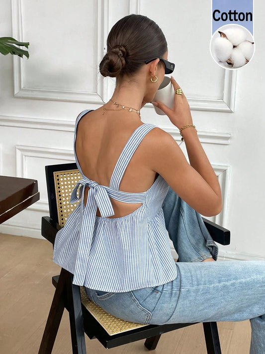 Serisse Summer New Pure Cotton Blue & White Striped Backless Bowknot Tie Blouse For Women,Baby Shirt, Cute Tops Casual