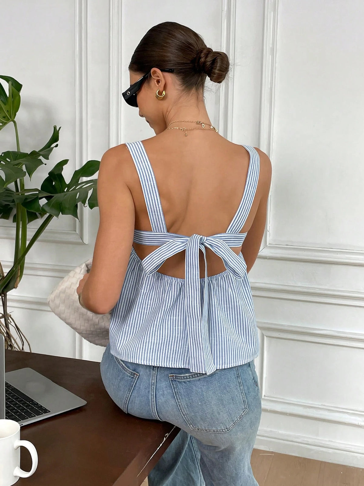 Serisse Summer New Pure Cotton Blue & White Striped Backless Bowknot Tie Blouse For Women,Baby Shirt, Cute Tops Casual