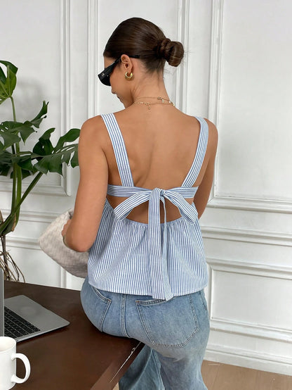 Serisse Summer New Pure Cotton Blue & White Striped Backless Bowknot Tie Blouse For Women,Baby Shirt, Cute Tops Casual