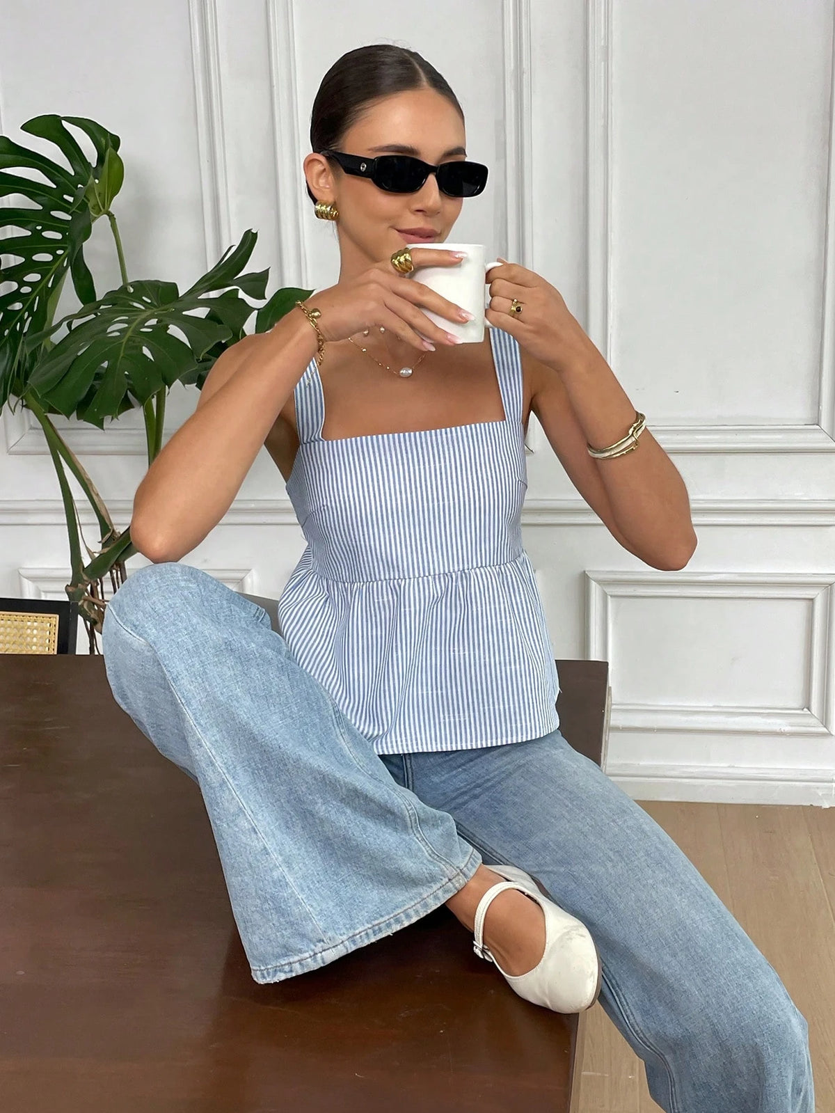 Serisse Summer New Pure Cotton Blue & White Striped Backless Bowknot Tie Blouse For Women,Baby Shirt, Cute Tops Casual