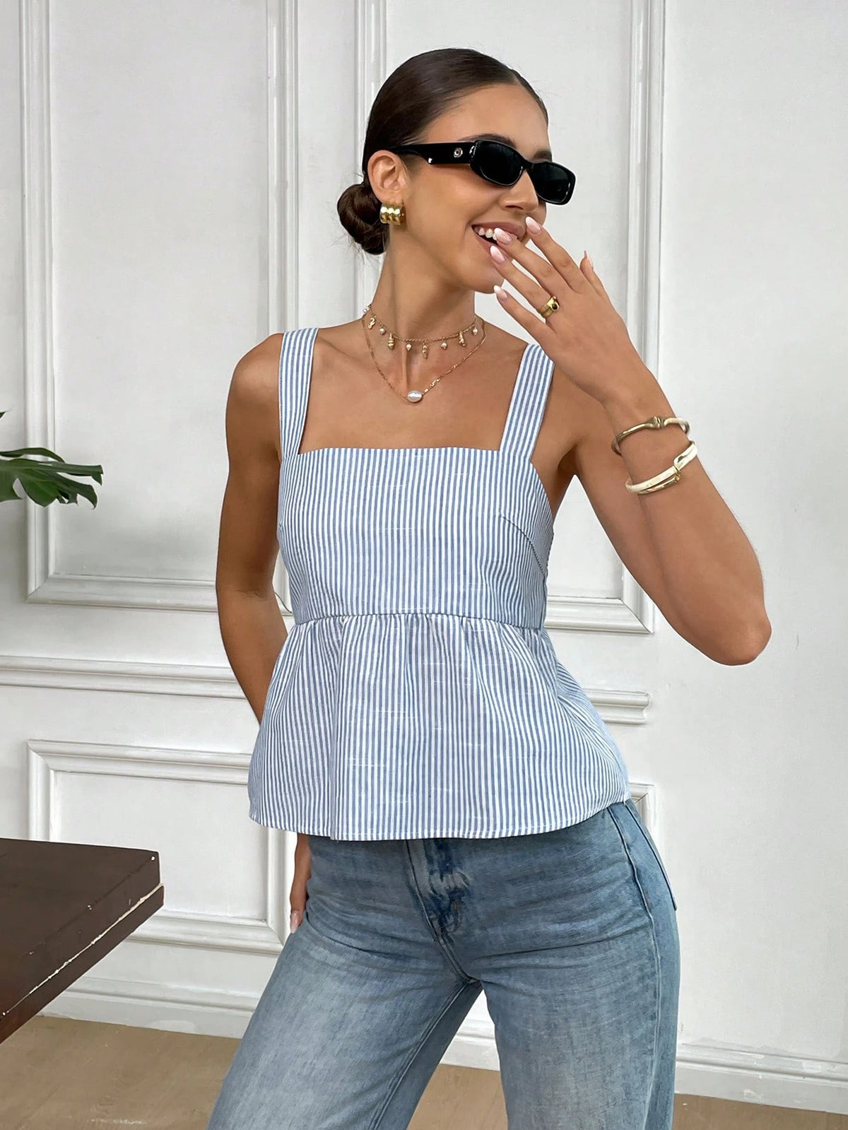 Serisse Summer New Pure Cotton Blue & White Striped Backless Bowknot Tie Blouse For Women,Baby Shirt, Cute Tops Casual