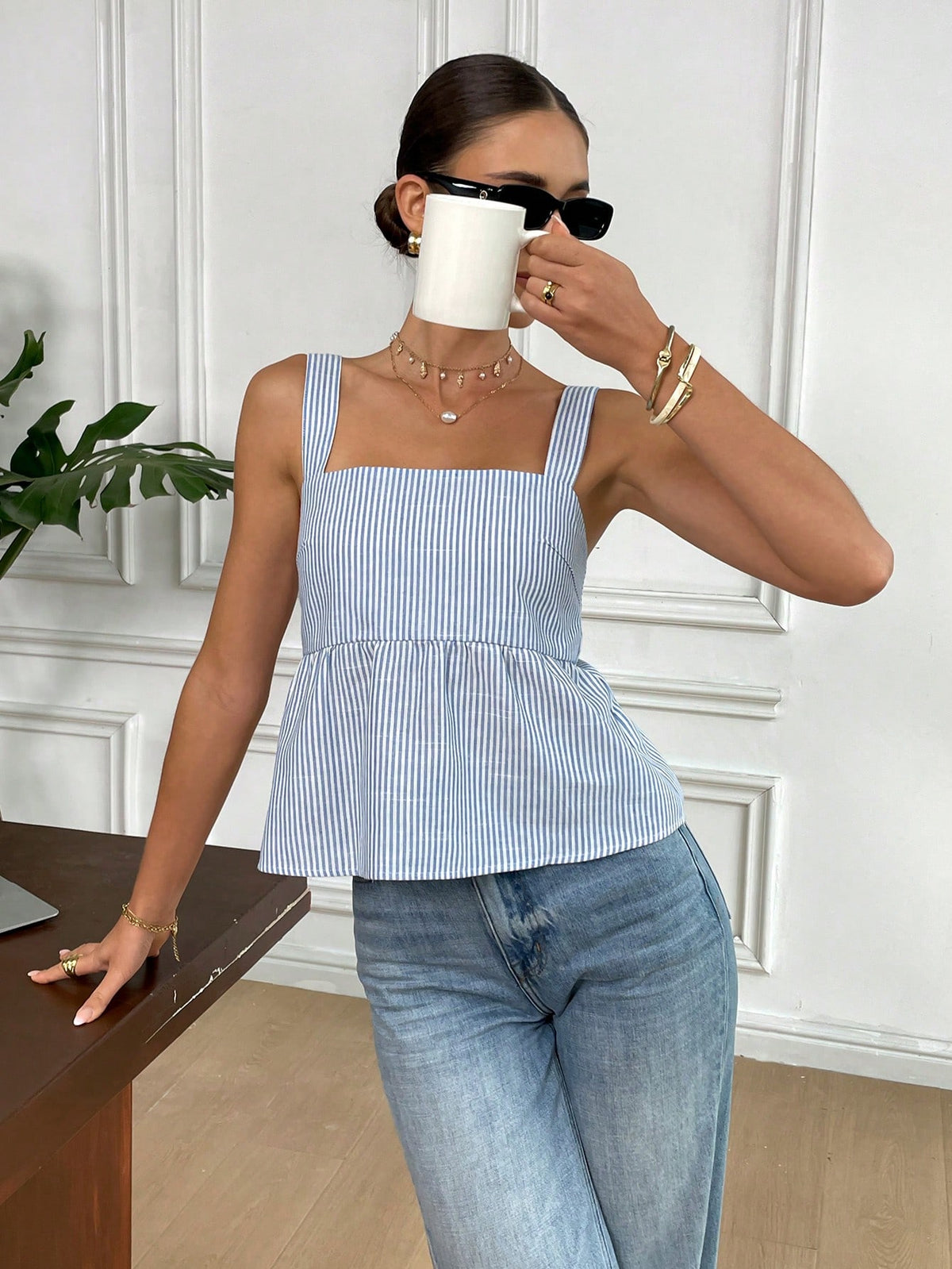 Serisse Summer New Pure Cotton Blue & White Striped Backless Bowknot Tie Blouse For Women,Baby Shirt, Cute Tops Casual