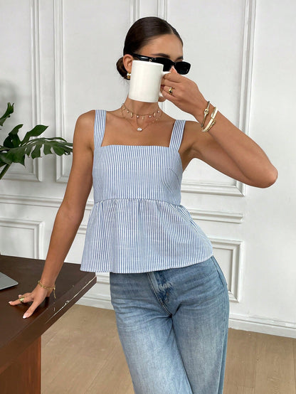 Serisse Summer New Pure Cotton Blue & White Striped Backless Bowknot Tie Blouse For Women,Baby Shirt, Cute Tops Casual