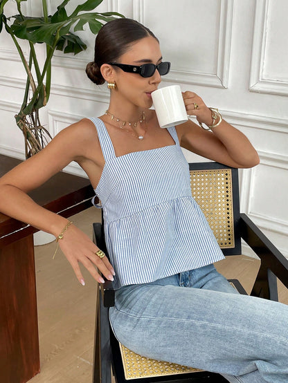 Serisse Summer New Pure Cotton Blue & White Striped Backless Bowknot Tie Blouse For Women,Baby Shirt, Cute Tops Casual