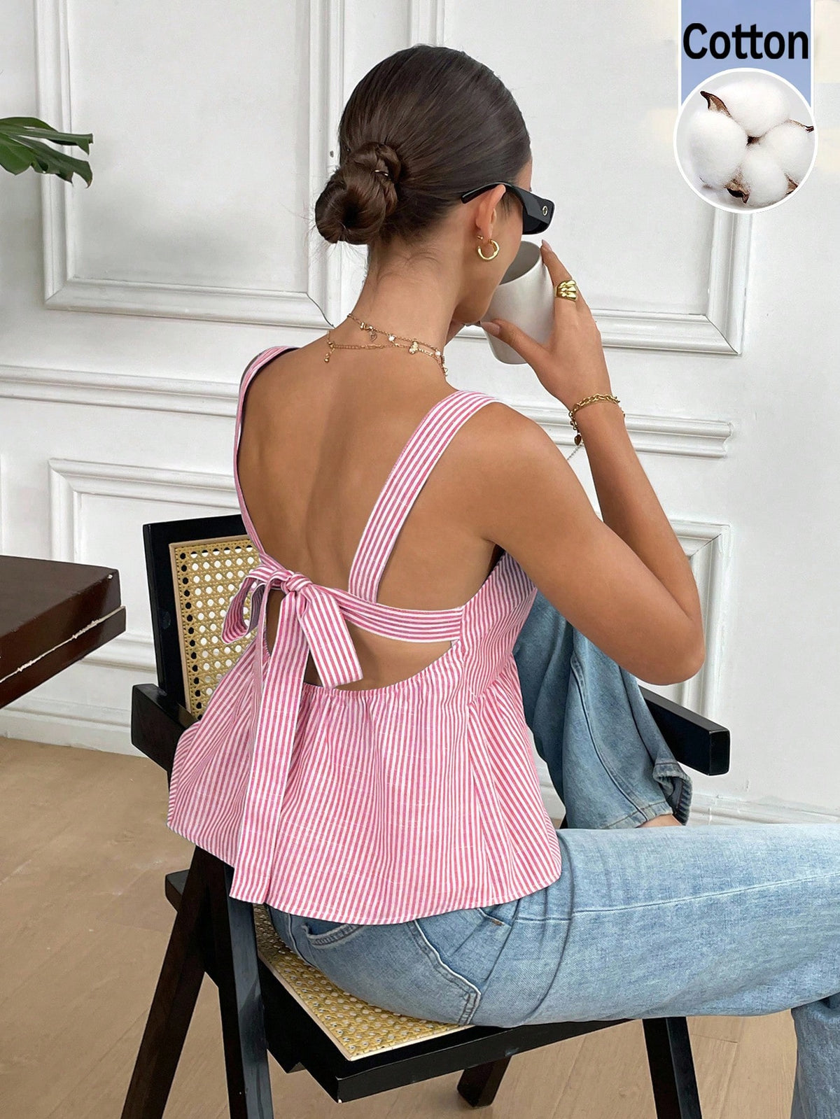 Serisse Summer New Pure Cotton Blue & White Striped Backless Bowknot Tie Blouse For Women,Baby Shirt, Cute Tops Casual
