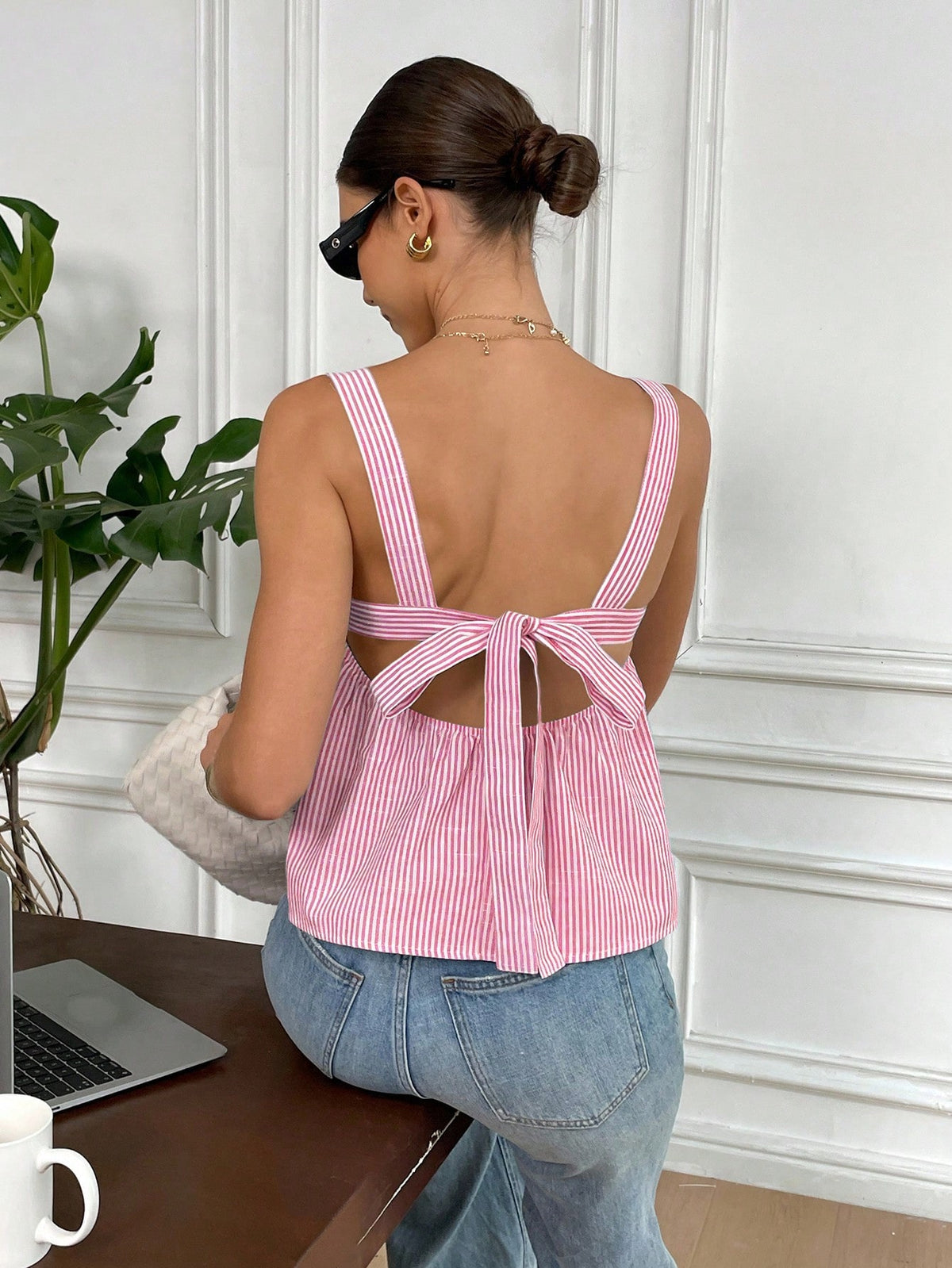 Serisse Summer New Pure Cotton Blue & White Striped Backless Bowknot Tie Blouse For Women,Baby Shirt, Cute Tops Casual