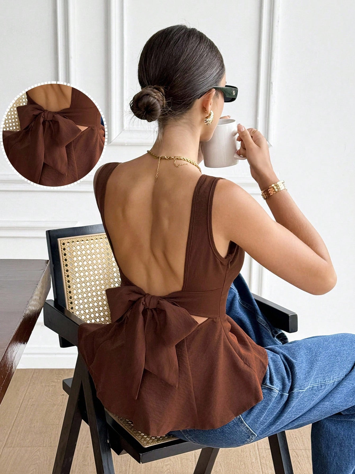 Serisse Women's Elegant Romantic Coffee Brown Linen Boat Neck Backless Bow Decor Ruffle Hem Sleeveless Blouse Summer Boho Brunch Vacation Date Night Top Diner