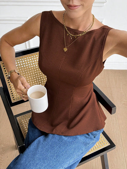 Serisse Women's Elegant Romantic Coffee Brown Linen Boat Neck Backless Bow Decor Ruffle Hem Sleeveless Blouse Summer Boho Brunch Vacation Date Night Top Diner