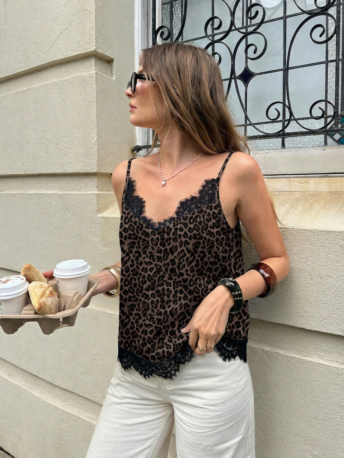 Serisse Women's Vintage Leopard Print Contrast Lace Camisole,Brown Checkered,Summer,Chic,Brunch Elegant Top For Weddings,Parties,Beach Holidays