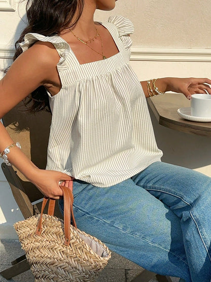 Serisse Women's White Summer Cute Picnic Top, French-Style Square Neck Ruffle Sleeveless Babydoll Top, Elegant Cute Casual Beach Brunch Vacation